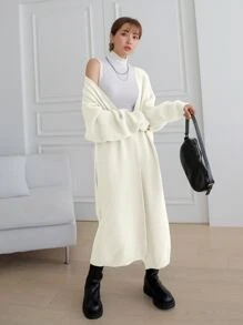 DAZY Drop Shoulder Longline Cardigan Without Belt - Beige - View 4