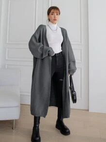 DAZY Drop Shoulder Longline Cardigan Without Belt - Grey - View 5