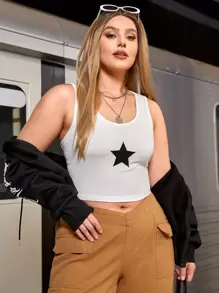 SHEIN ICON Plus Star Print Crop Tank Top - White - View 1