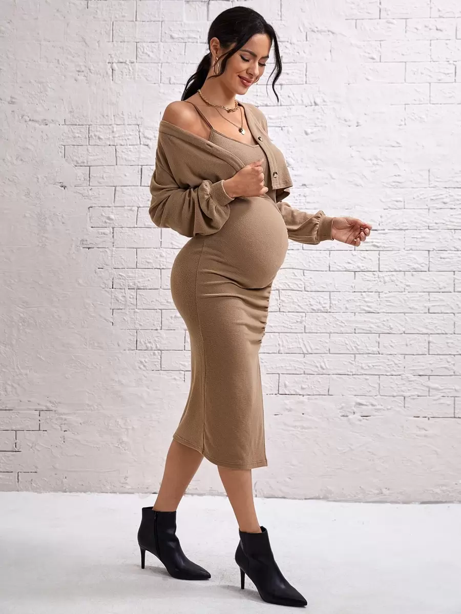 SHEIN Maternity Solid Split Hem Cami Dress & Drop Shoulder Jacket - Khaki - View 1