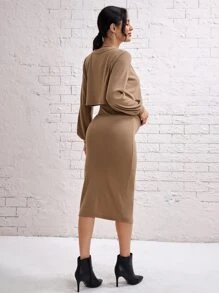 SHEIN Maternity Solid Split Hem Cami Dress & Drop Shoulder Jacket - Khaki - View 2