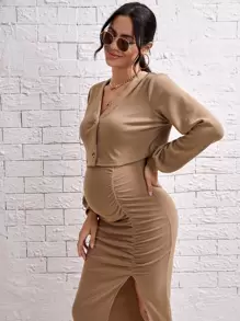 SHEIN Maternity Solid Split Hem Cami Dress & Drop Shoulder Jacket - Khaki - View 4