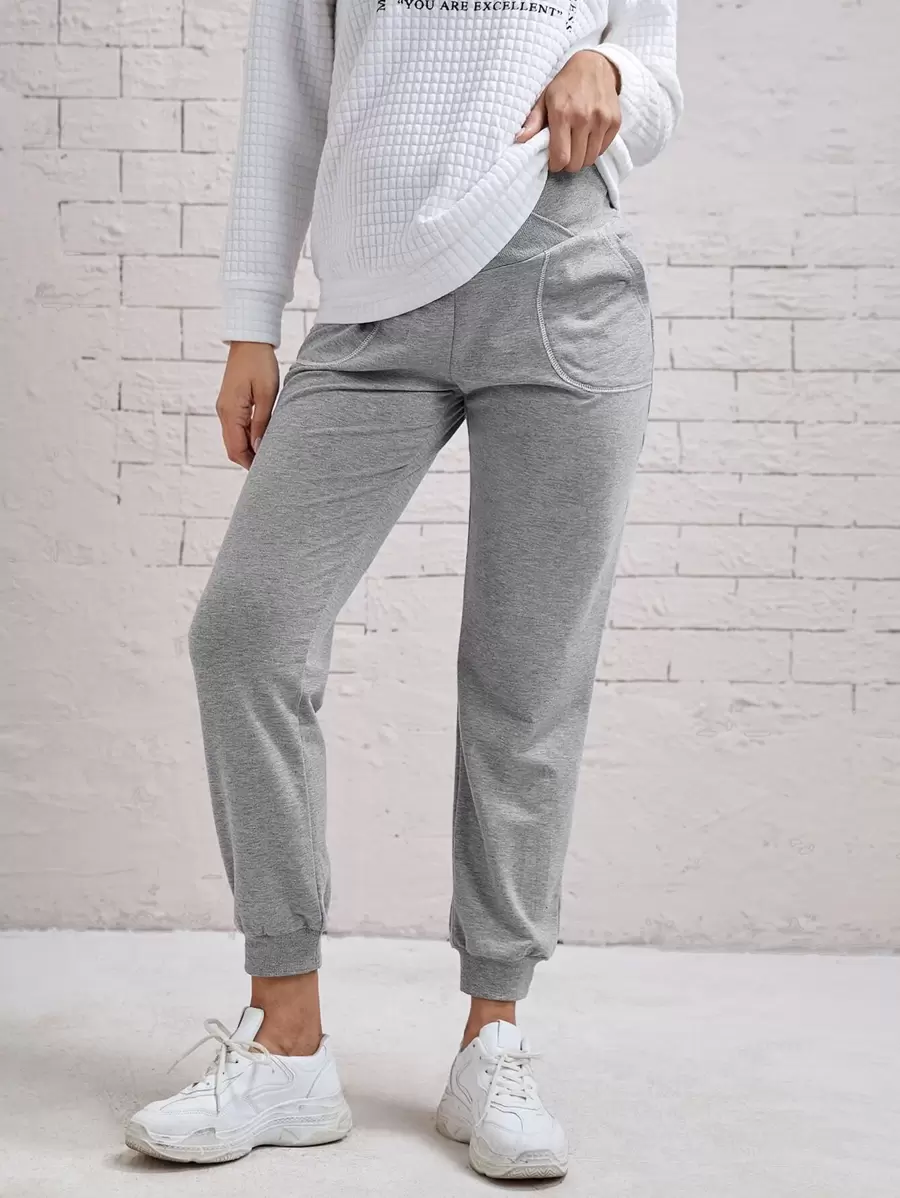 SHEIN 孕婦素色前口袋衛褲 - 淺灰色 - 查看 1