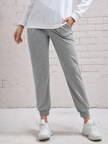 SHEIN 孕婦素色前口袋衛褲 - 淺灰色 - 查看 4