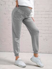 SHEIN 孕婦素色前口袋衛褲 - 淺灰色 - 查看 5