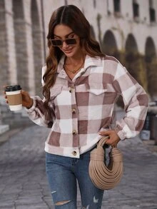 Buffalo Plaid Print Drop Shoulder Jacket - Multicolor - View 5