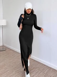 SHEIN BAE Backless Split Thigh Bodycon Dress Open Back Dress - Black - View 2