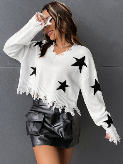SHEIN EZwear Star Pattern Distressed Drop Shoulder Sweater-Black And White,Long Sleeve Tops In Fall/Winter