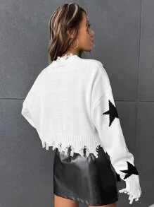 SHEIN EZwear 星星图案做旧落肩毛衣-黑白，秋冬长袖上衣 - 白色 - 查看 2