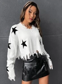 SHEIN EZwear 星星图案做旧落肩毛衣-黑白，秋冬长袖上衣 - 白色 - 查看 5