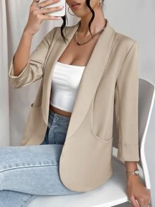 SHEIN Privé 青果領開門襟西裝外套 - 卡其色 - 查看 1