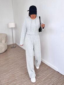 SHEIN EZwear Drop Shoulder Drawstring Crop Hoodie & Wide Leg Pants - Light Grey - View 5