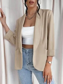 SHEIN Privé 青果領開門襟西裝外套 - 卡其色 - 查看 3