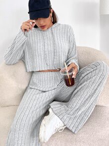 SHEIN EZwear Drop Shoulder Drawstring Crop Hoodie & Wide Leg Pants - Light Grey - View 1