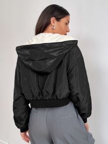SHEIN EZwear 秋冬款黑色拉链落肩泰迪熊内衬短款连帽夹克 - 黑色 - 查看 2
