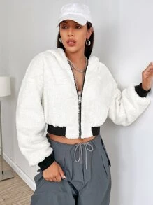 SHEIN EZwear 秋冬款黑色拉链落肩泰迪熊内衬短款连帽夹克 - 黑色 - 查看 3