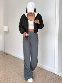 SHEIN EZwear 秋冬款黑色拉链落肩泰迪熊内衬短款连帽夹克 - 黑色 - 查看 4