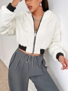 SHEIN EZwear 秋冬款黑色拉链落肩泰迪熊内衬短款连帽夹克 - 黑色 - 查看 7