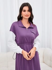 Mulvari Quần áo thể thao nữ Dây kéo Khối Màu Giải trí - Màu tím - Xem 4