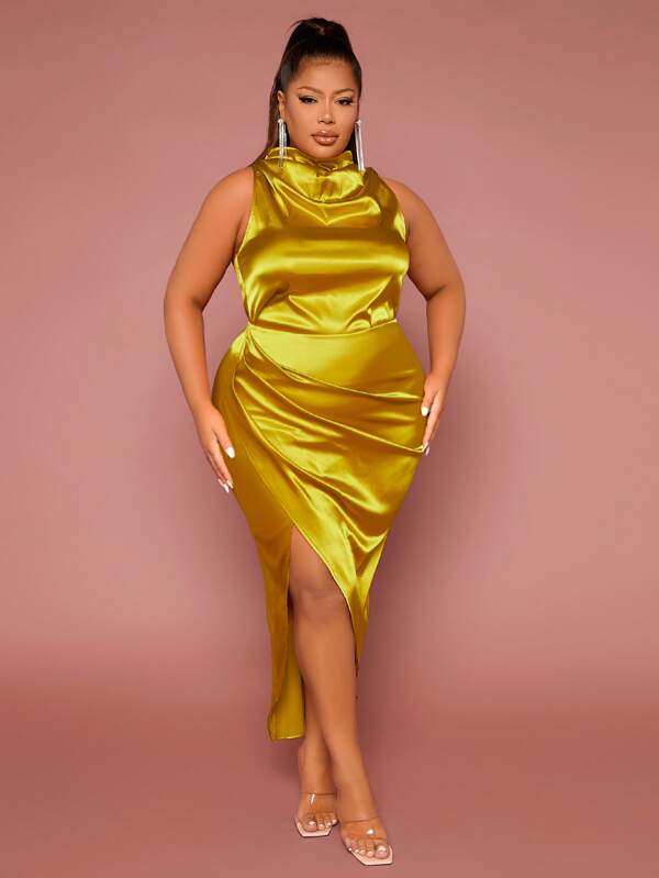 SHEIN SXY Plus High Neck Top & Ruched Wrap Skirt