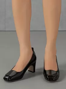 一双搭扣粗跟高跟鞋，纯色，通勤百搭，适合职业场合、派对、正式场合，优雅女士浅口鞋 - 黑色 - 查看 3