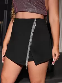 SHEIN Privé Plus Fringe Trim Asymmetrical Hem Skort - Black - View 3