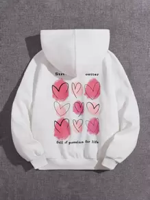 SHEIN Tween Girl Casual Regular Fit Fleece Heart And Slogan Printed Hooded Sweatshirt For Fall And Winter - White - View 5