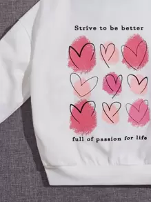 SHEIN Tween Girl Casual Regular Fit Fleece Heart And Slogan Printed Hooded Sweatshirt For Fall And Winter - White - View 4
