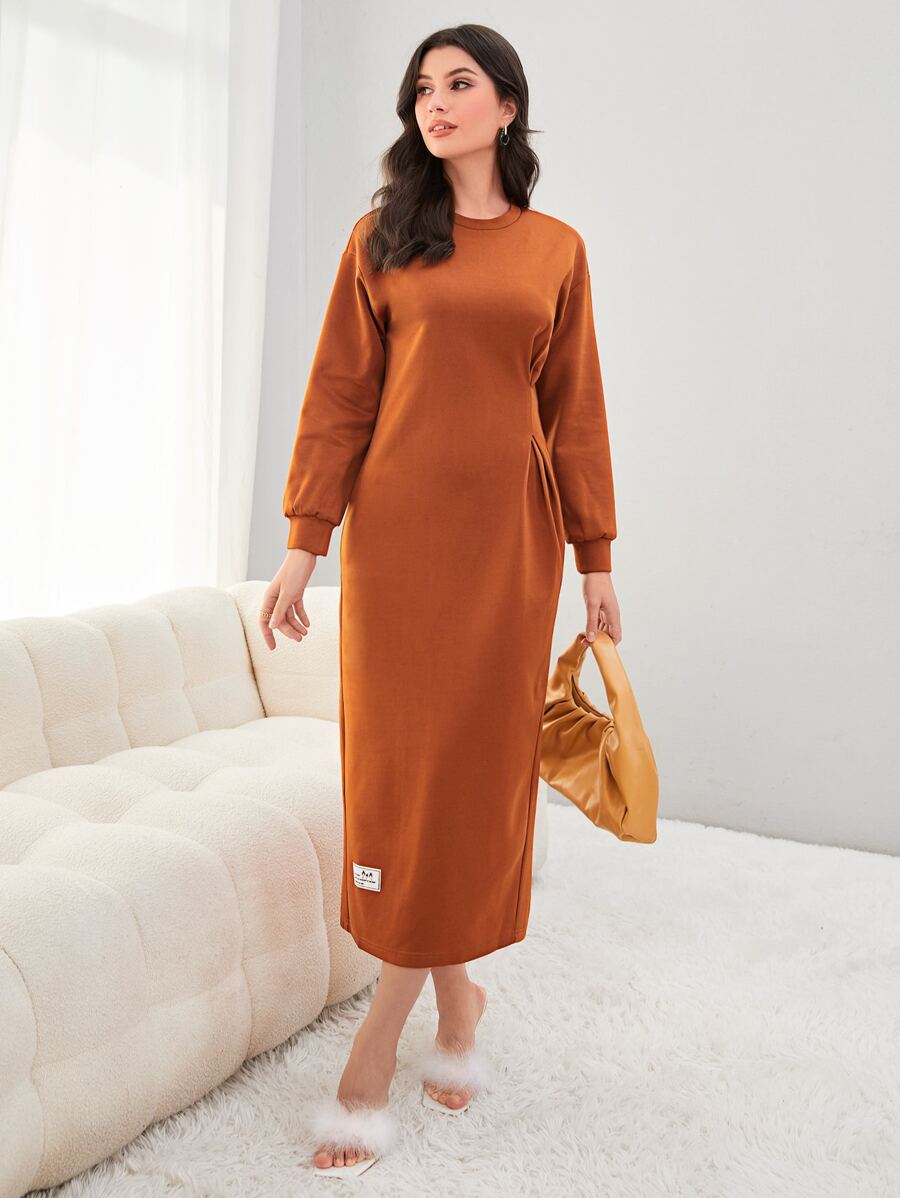 Mulvari Letter Patched Drop Shoulder Drawstring Sweatshirt Dress Pullover Fall Outfit - Burnt Orange - View 1
