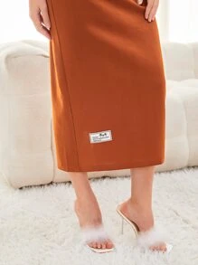 Mulvari Letter Patched Drop Shoulder Drawstring Sweatshirt Dress Pullover Fall Outfit - Burnt Orange - View 4