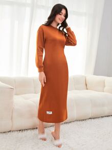 Mulvari Letter Patched Drop Shoulder Drawstring Sweatshirt Dress Pullover Fall Outfit - Burnt Orange - View 5
