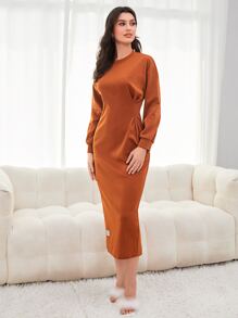 Mulvari Letter Patched Drop Shoulder Drawstring Sweatshirt Dress Pullover Fall Outfit - Burnt Orange - View 6