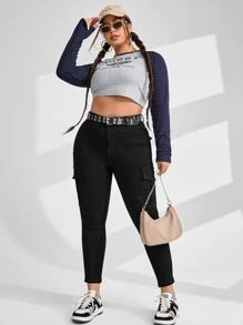 Plus High Waist Flap Pocket Side Cargo Jeans - Black - View 4