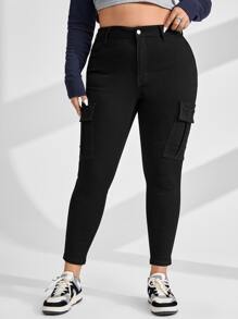 Plus High Waist Flap Pocket Side Cargo Jeans - Black - View 5