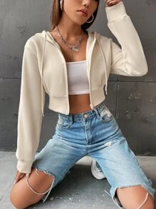 SHEIN Unity Rhinestone Letter Pattern Drawstring Zip Up Crop Thermal Hoodie - Apricot - View 1