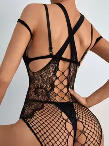 ROMWE Goth 镂空渔网泰迪连体衣（无内衬）内衣 - 黑色 - 查看 2