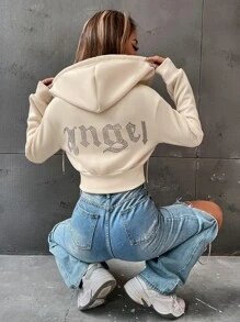 SHEIN Unity Rhinestone Letter Pattern Drawstring Zip Up Crop Thermal Hoodie - Apricot - View 2