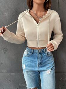 SHEIN Unity Rhinestone Letter Pattern Drawstring Zip Up Crop Thermal Hoodie - Apricot - View 3