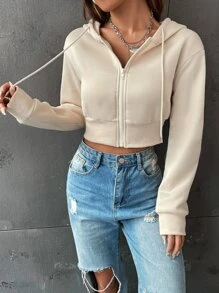 SHEIN Unity Rhinestone Letter Pattern Drawstring Zip Up Crop Thermal Hoodie - Apricot - View 4