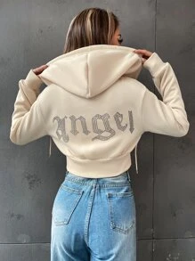SHEIN Unity Rhinestone Letter Pattern Drawstring Zip Up Crop Thermal Hoodie - Apricot - View 5