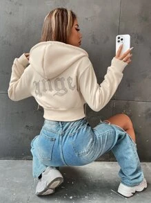 SHEIN Unity Rhinestone Letter Pattern Drawstring Zip Up Crop Thermal Hoodie - Apricot - View 6