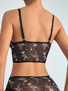 Cartoon Dinosaur Print Mesh Lingerie Set