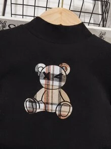 SHEIN Tween Girl Cartoon Bear Print Mock Neck Tee & Plaid Pleated Skirt - Multicolor - View 3