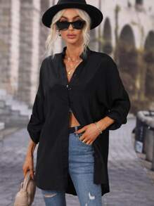 SHEIN LUNE Camisa unicolor con botón delantero de manga enrollable - Negro - Ver 1