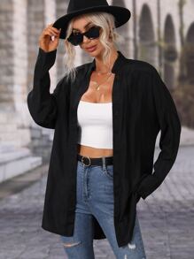 SHEIN LUNE Camisa unicolor con botón delantero de manga enrollable - Negro - Ver 5