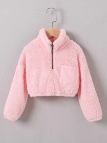 Toddler Girls Half Zip Drop Shoulder Teddy Sweatshirt - Pink - View 1