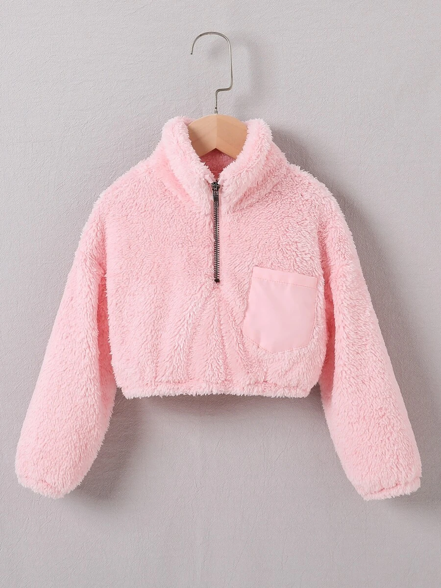 Toddler Girls Half Zip Drop Shoulder Teddy Sweatshirt - Pink - View 1