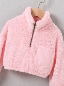 Toddler Girls Half Zip Drop Shoulder Teddy Sweatshirt - Pink - View 4