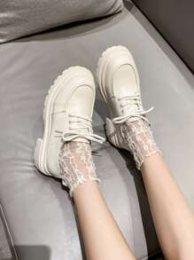 Giày Oxford đế dày dành cho nữ, Giày bệt Mary Jane phong cách Anh, Buộc dây, Màu đen, Xuân/Thu - Màu be - Xem 3