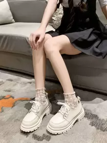 Giày Oxford đế dày dành cho nữ, Giày bệt Mary Jane phong cách Anh, Buộc dây, Màu đen, Xuân/Thu - Màu be - Xem 6